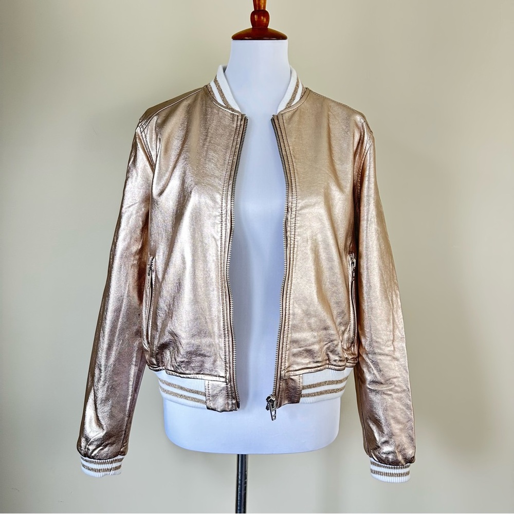 Blank NYC Metallic Varsity Bomber Jacket Large Rose Gold Glitter Embellished